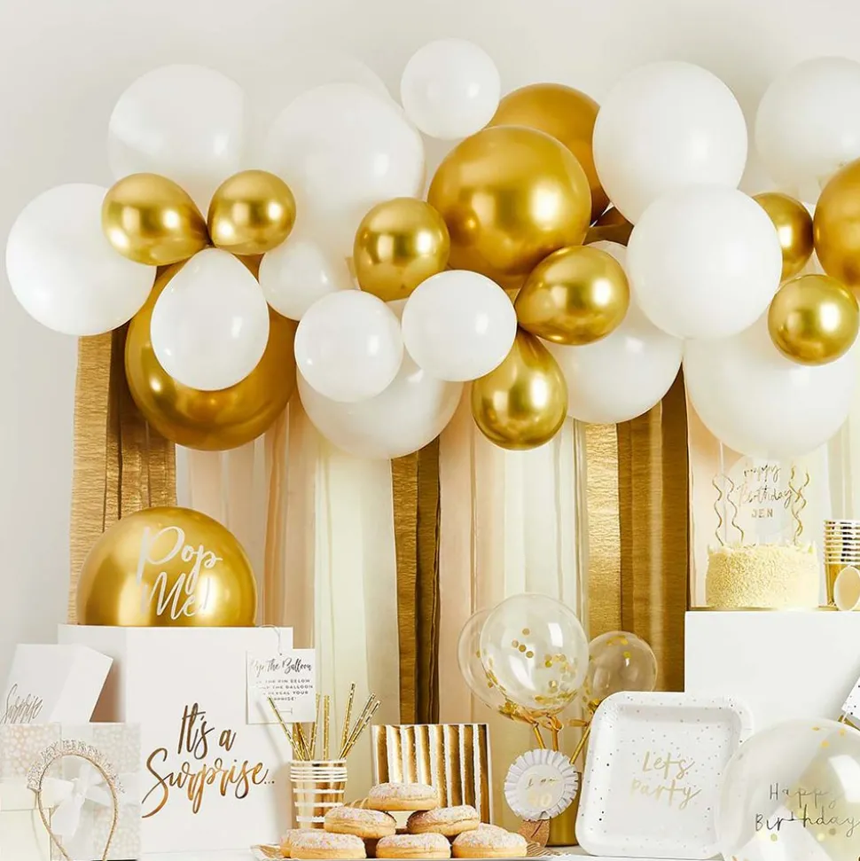 Ballongbåge med Streamers Vit/Guld Metallic