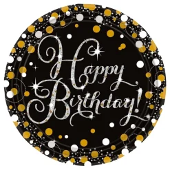 Papperstallrikar Happy Birthday Silver/Guld Glitter