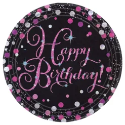 Papperstallrikar Happy Birthday Svart/Rosa Glitter